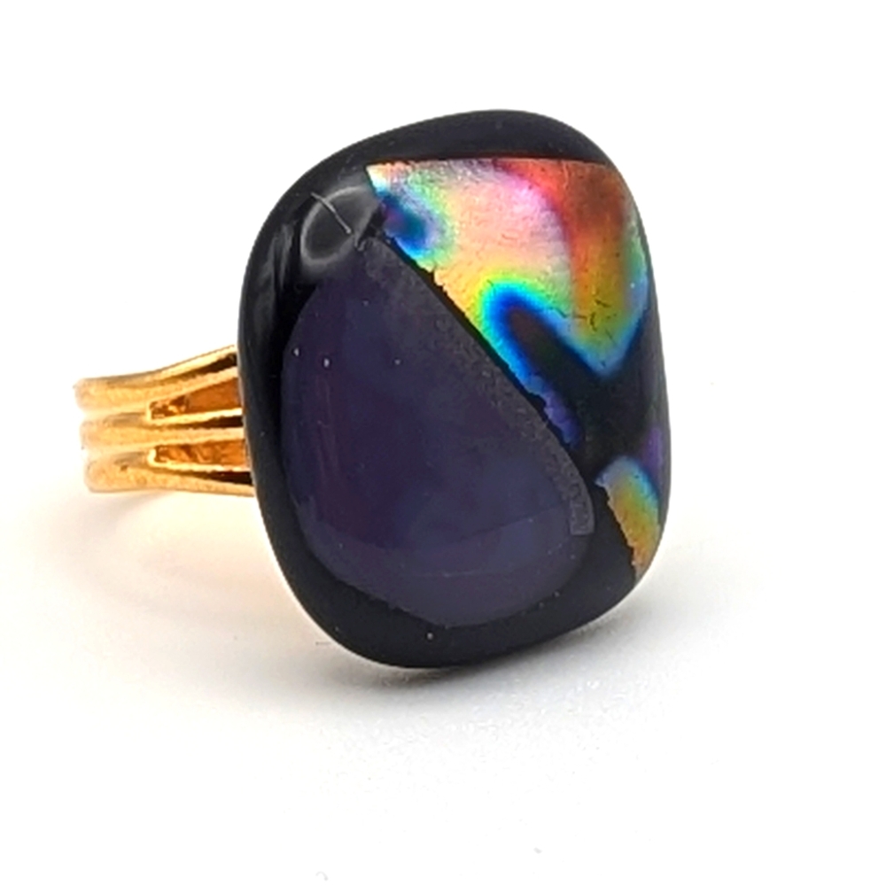 Handmade glass statement ring purple, dichroic glass gold plated adjustable